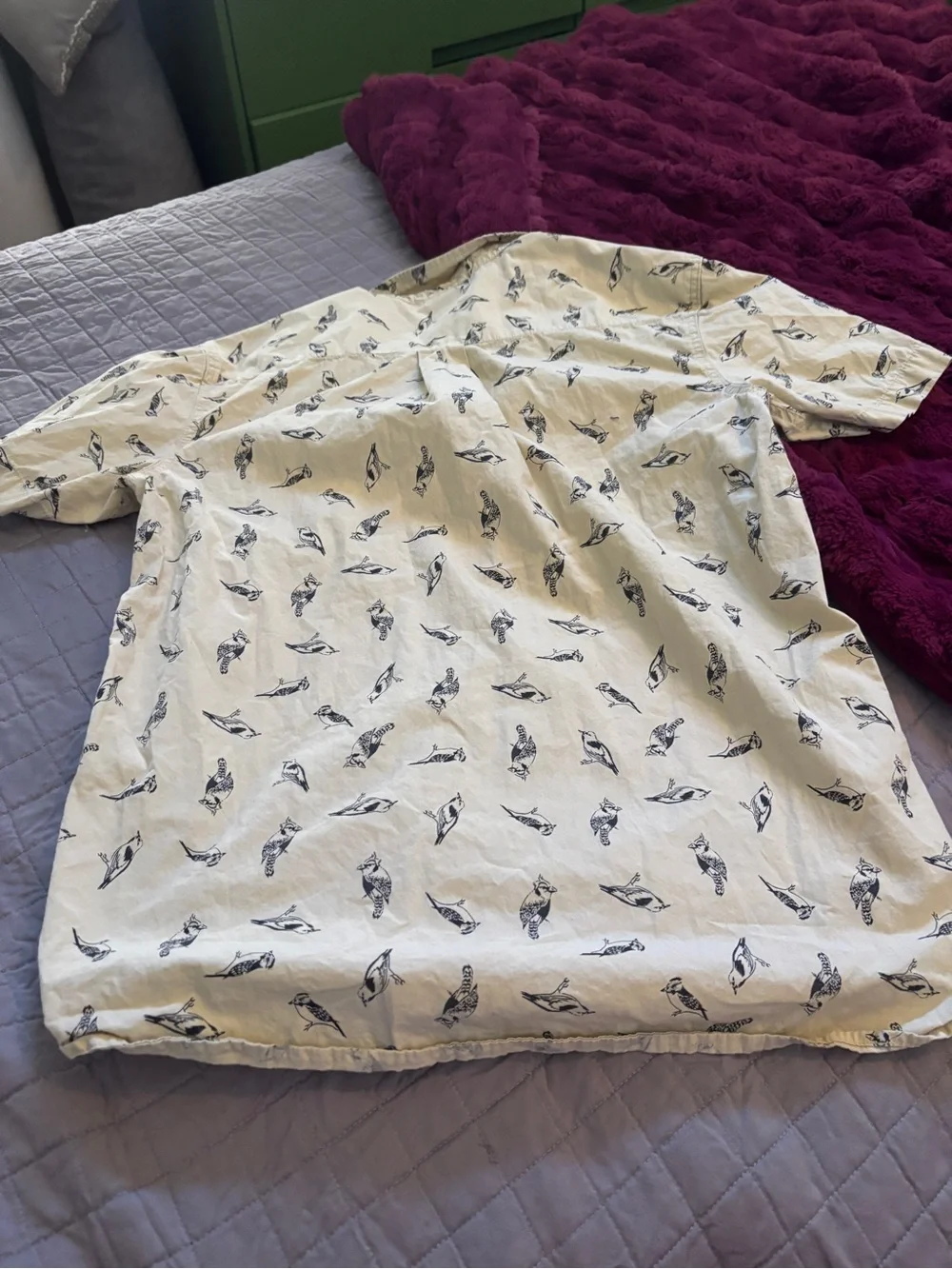 North Face Cream Short-Sleeve Button-Up Shirt with Black Bird Print worn once